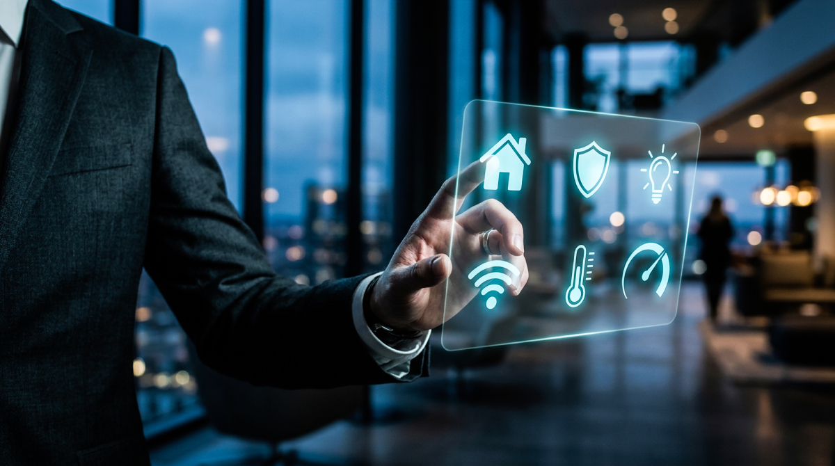 Image shows a building manager using wireless IoT technology for building management.